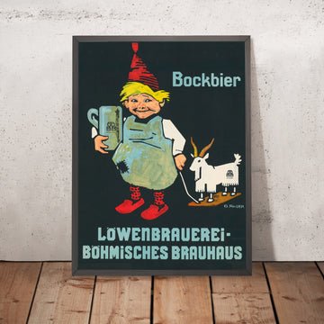 A framed image of Löwenbrauerei Böhmisches Brauhaus Vintage Bock Beer Poster by Georg Räder, 1912