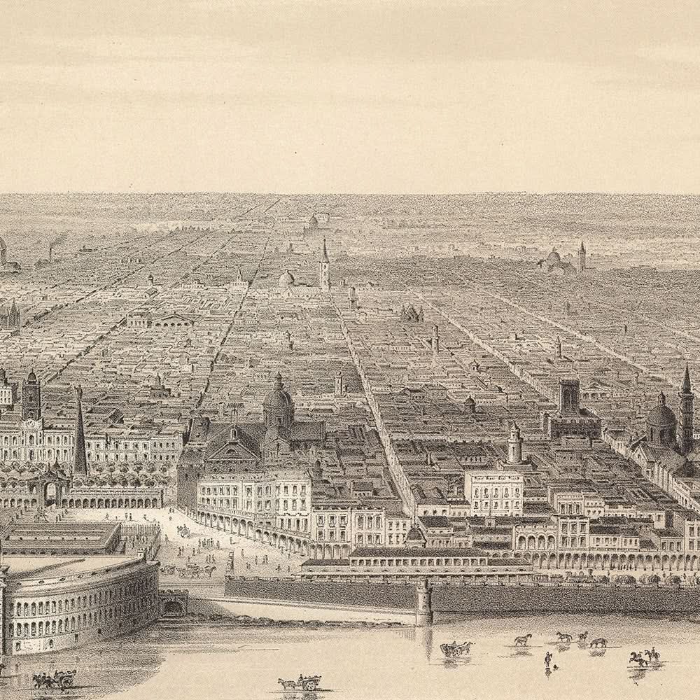 Antigua Mapa de Buenos Aires de Bird's Eye por Dulin, 1880: Casa Rosada, Puerto Madero, Correo Central, Gabildo, Río de la Plata 