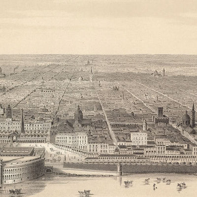 Antigua Mapa de Buenos Aires de Bird's Eye por Dulin, 1880: Casa Rosada, Puerto Madero, Correo Central, Gabildo, Río de la Plata 