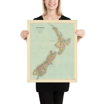 Ancienne carte de la Nouvelle-Zélande par Stanford, 1887 : Auckland, Wellington, Alpes du Sud, Île Stewart, Comtés 
