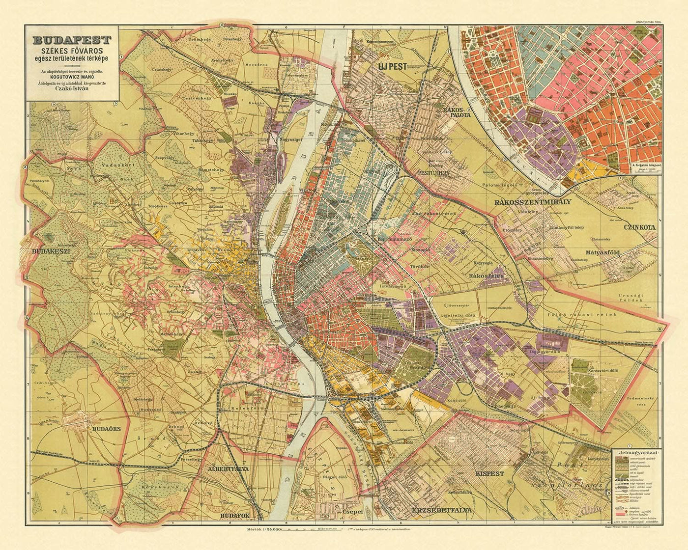 Mapa antiguo de Budapest de Kogutowicz, 1907: Andrássy út, Erzsébet körút, río Danubio, ferrocarriles, parques