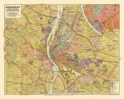 Mapa antiguo de Budapest de Kogutowicz, 1907: Andrássy út, Erzsébet körút, río Danubio, ferrocarriles, parques