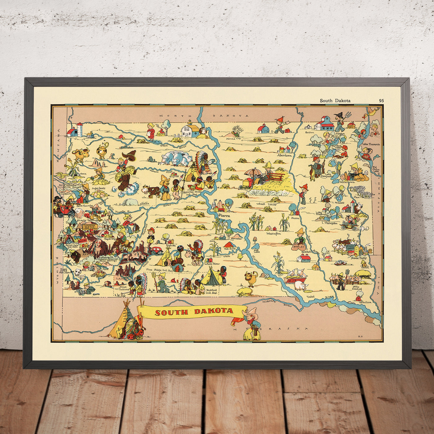 Pictorial Map of South Dakota by Ruth Taylor White, 1935: Sioux Falls, Black Hills, Mount Rushmore, Missouri River, Badlands