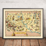 Bildkarte von South Dakota von Ruth Taylor White, 1935: Sioux Falls, Black Hills, Mount Rushmore, Missouri River, Badlands 