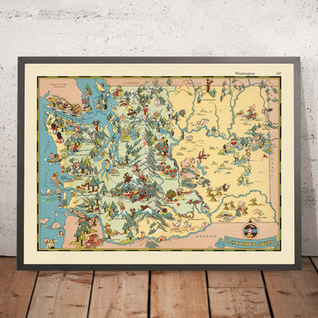 Mappa illustrata dello Stato di Washington di Ruth Taylor White, 1935: Seattle, Monte Rainier, Fiume Columbia, Monti Olimpici, Diga di Grand Coulee 