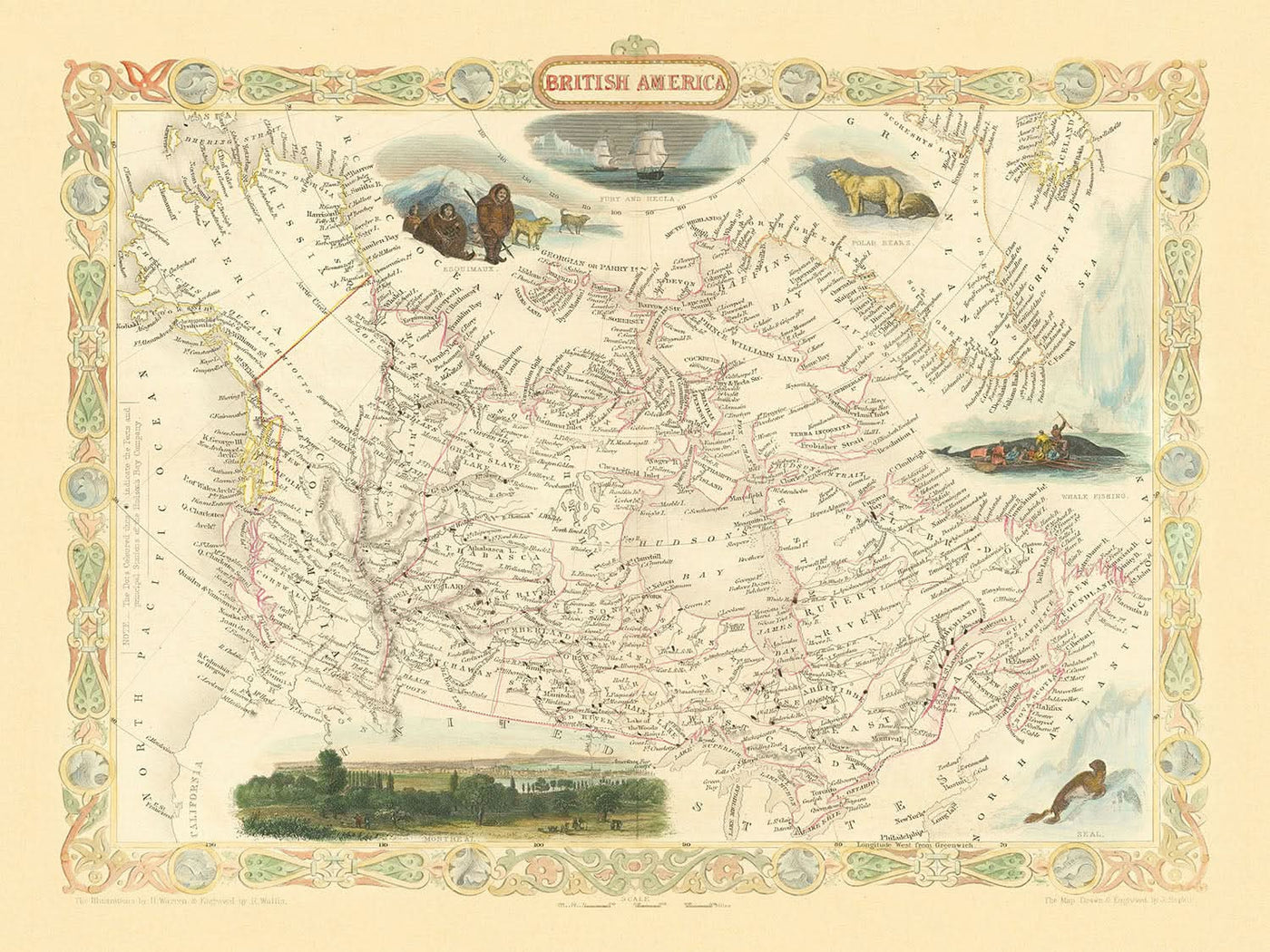Alte Karte von Britisch-Amerika (Kanada) von Tallis, 1851: Montreal, Hudson's Bay Co., Fury & Hecla Strait 