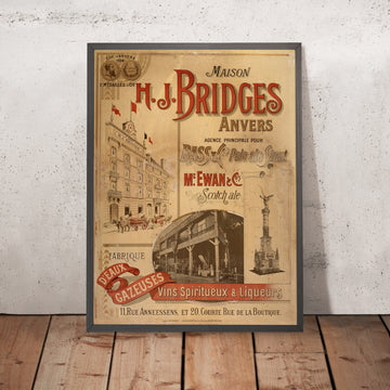 A framed image of Maison H.J. Bridges Vintage Wine and Spirits Poster, 1900