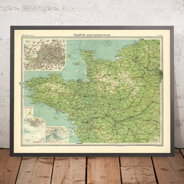 Alte Karte von Nordwestfrankreich von Bartholomew, 1922: Paris, Nantes, Bretagne, Normandie, Seine, Schifffahrtsrouten 