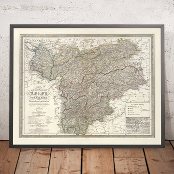 Old Military Map of Tyrol, Vorarlberg & Liechtenstein by Weiland, 1856: Innsbruck, Bregenz, Vaduz, Arlberg Pass, Rhine