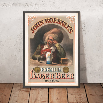A framed image of John Roessle’s Vintage Lager Beer Poster by Frank C. King, 1877