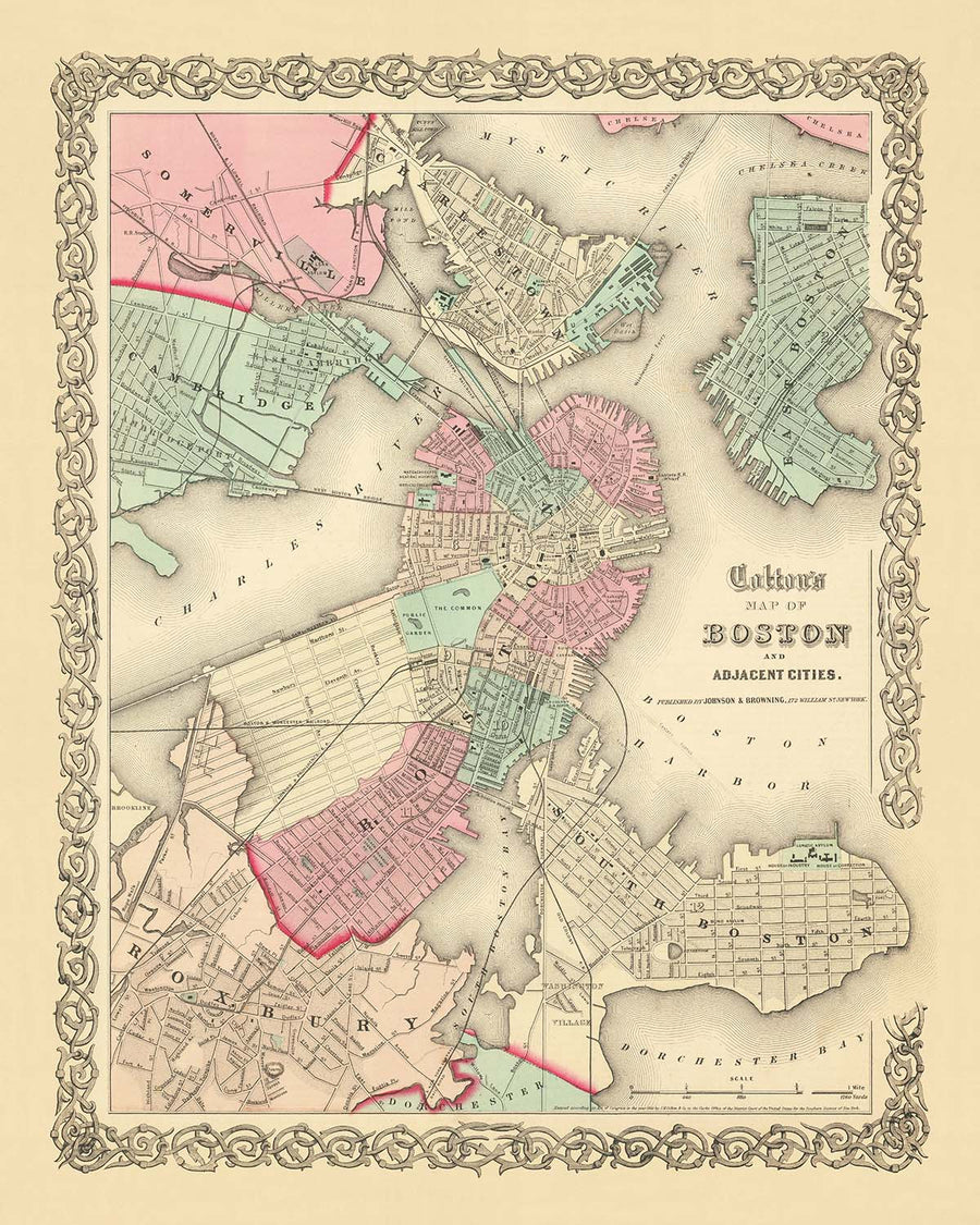Mappa antica di Boston di Colton, 1866: Boston Common, State House, Porto di Boston, Cambridge, Charlestown 