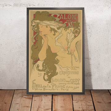 A framed image of Salon des Cent, 20th Exhibition by Alphonse Mucha, 1896