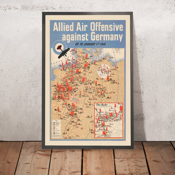 Vecchia mappa militare della Seconda Guerra Mondiale dell’offensiva aerea alleata contro la Germania, 1941: Berlino, Amburgo, Monaco, Reno ed Elba, inserto della Ruhr 