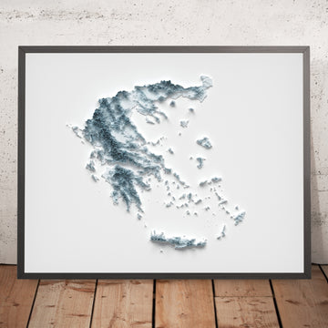 Una imagen enmarcada de un mapa topográfico en relieve estilo 3D de Grecia