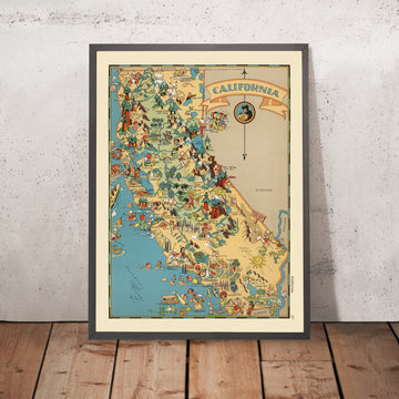 Mappa pittorica della California di Ruth Taylor White, 1935: Los Angeles, San Francisco, Yosemite, Sierra Nevada, Hollywood 