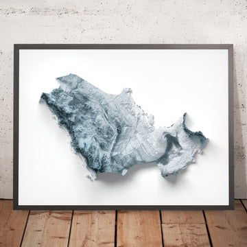 A framed image of a 3D style topographic relief map ofGulf Countries