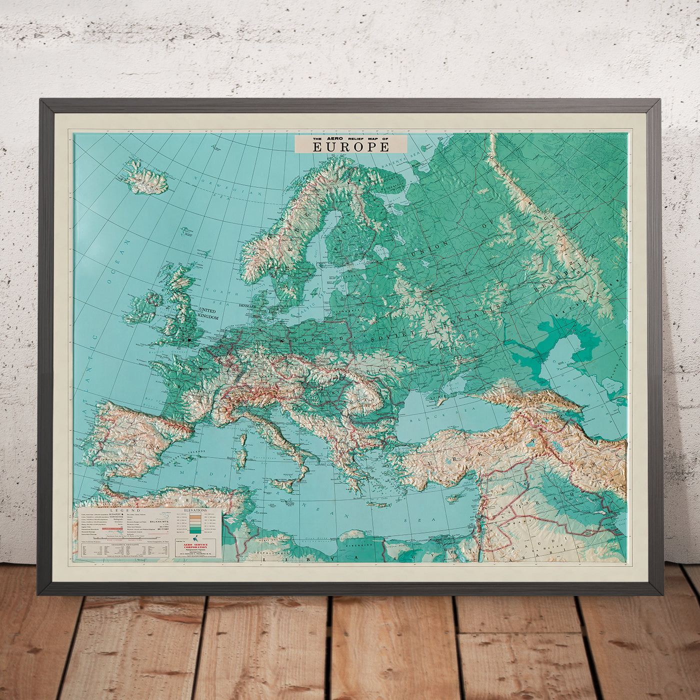 Old 3D Relief Map of Europe by Aero Service Corporation, 1956