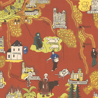 Old Pictorial Map of France by Lucien Boucher, 1950: Alps, Pyrenees, Agriculture, Grapes