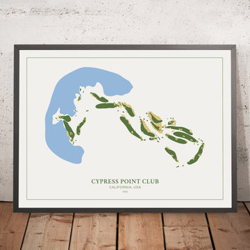 A framed image of Cypress Point Club in the style of a simple and modern golf course map