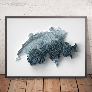 Ein gerahmtes Bild einer topografischen Reliefkarte der Schweiz im 3D-Stil
