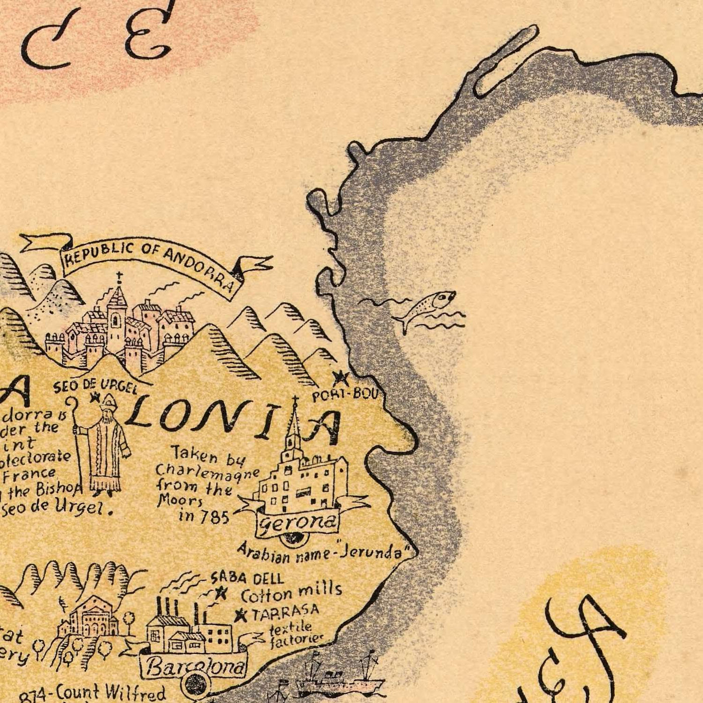 Alte bildliche Karte von Spanien, 1935: Madrid, Barcelona, Sevilla, Golf von Biscaya, historische Schiffe 