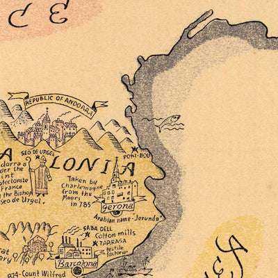 Alte bildliche Karte von Spanien, 1935: Madrid, Barcelona, Sevilla, Golf von Biscaya, historische Schiffe 