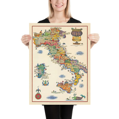 Antigua Mapa Pictórico del Vino de Italia, 1976: Regiones Vinícolas, Ilustraciones Míticas, Viticultura 