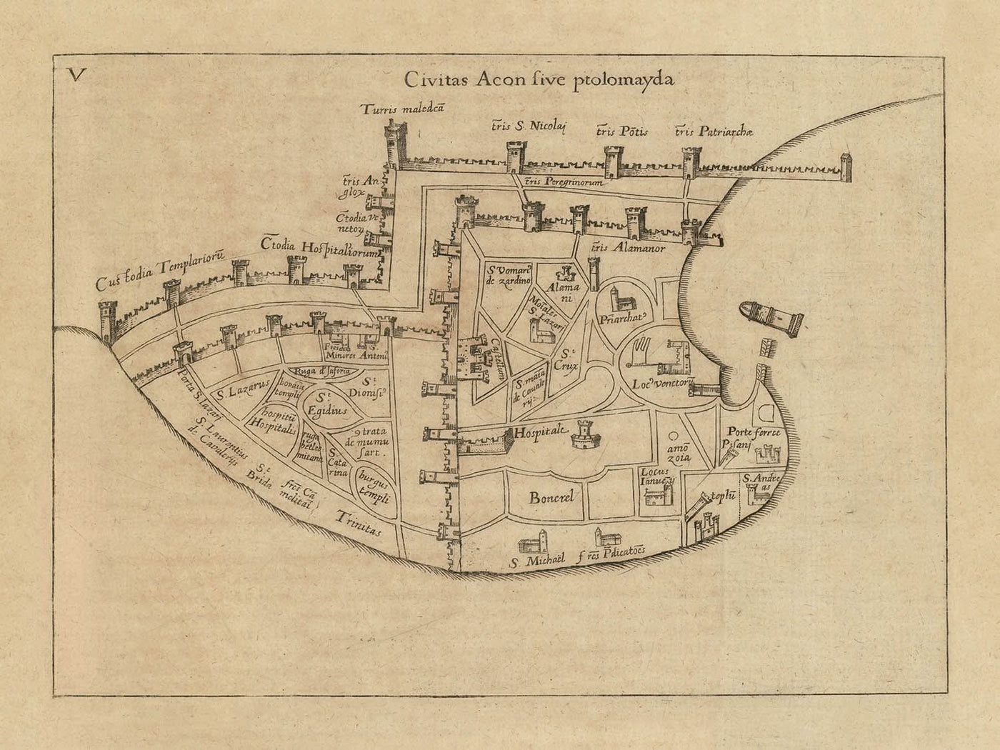 Ancienne carte d'Acre par Vesconte, 1611 : Templiers, Hospitaliers, Portus Pisani, Croisades 