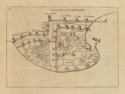 Ancienne carte d'Acre par Vesconte, 1611 : Templiers, Hospitaliers, Portus Pisani, Croisades 