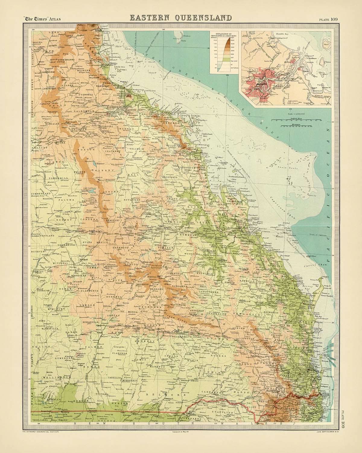 Old Map of Eastern Queensland by Bartholomew, 1922: Brisbane, Cairns, Relief, Shipping Routes