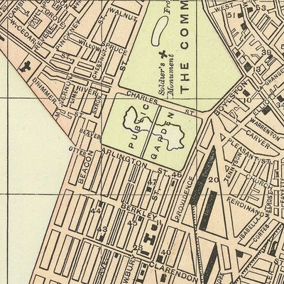 Mapa antiguo de Boston de Fisk & Co., 1893: el Common, el jardín público, los Fens, el río Charles, el parque Franklin