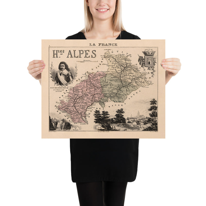 Antica mappa delle Hautes-Alpes di Vuillemin, 1869: Gap, Briançon, Embrun, cime alpine, stemmi 