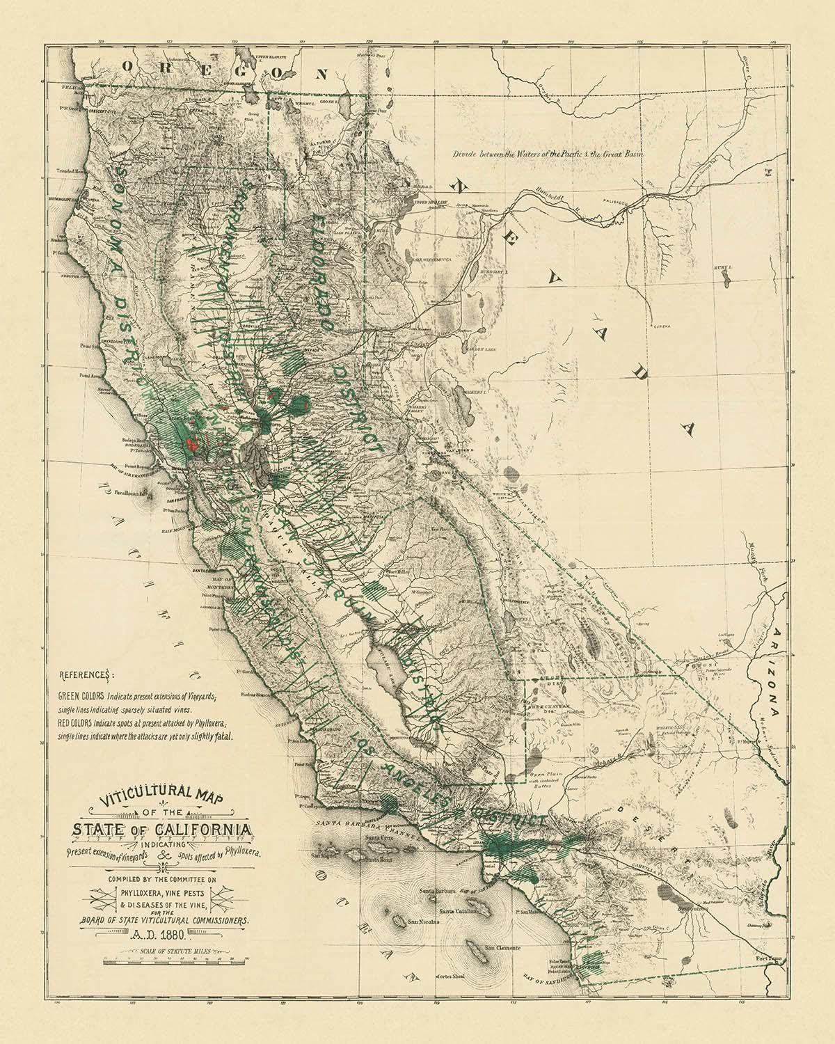Old Wine Map of California, 1880: San Francisco, Los Angeles, Sonoma, Vineyards, Phylloxera