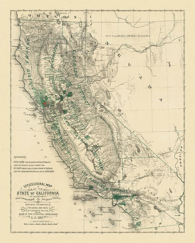 Old Wine Map of California, 1880: San Francisco, Los Angeles, Sonoma, Vineyards, Phylloxera
