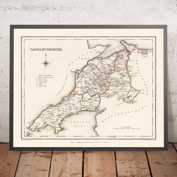 Old Map of Carnarvonshire, Wales by Lewis, 1844: Bangor, Caernarfon, Conwy, Snowdon, Menai Suspension Bridge
