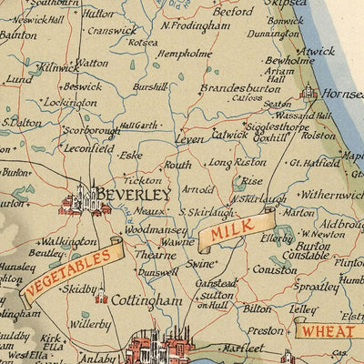 Old Pictorial Map of East Riding of Yorkshire by Clegg, 1946: Hull, Beverley