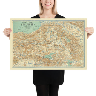 Ancienne carte de l'Arménie par Piperjian, 1923 : Yerevan, Trabzon, lac Sevan, mont Ararat, lac de Van 