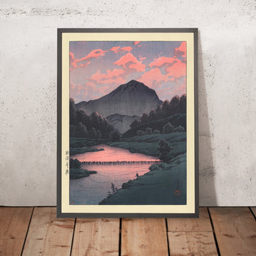 A framed image of Mt. Kamaga, Hida by Hasui Kawase, 1935