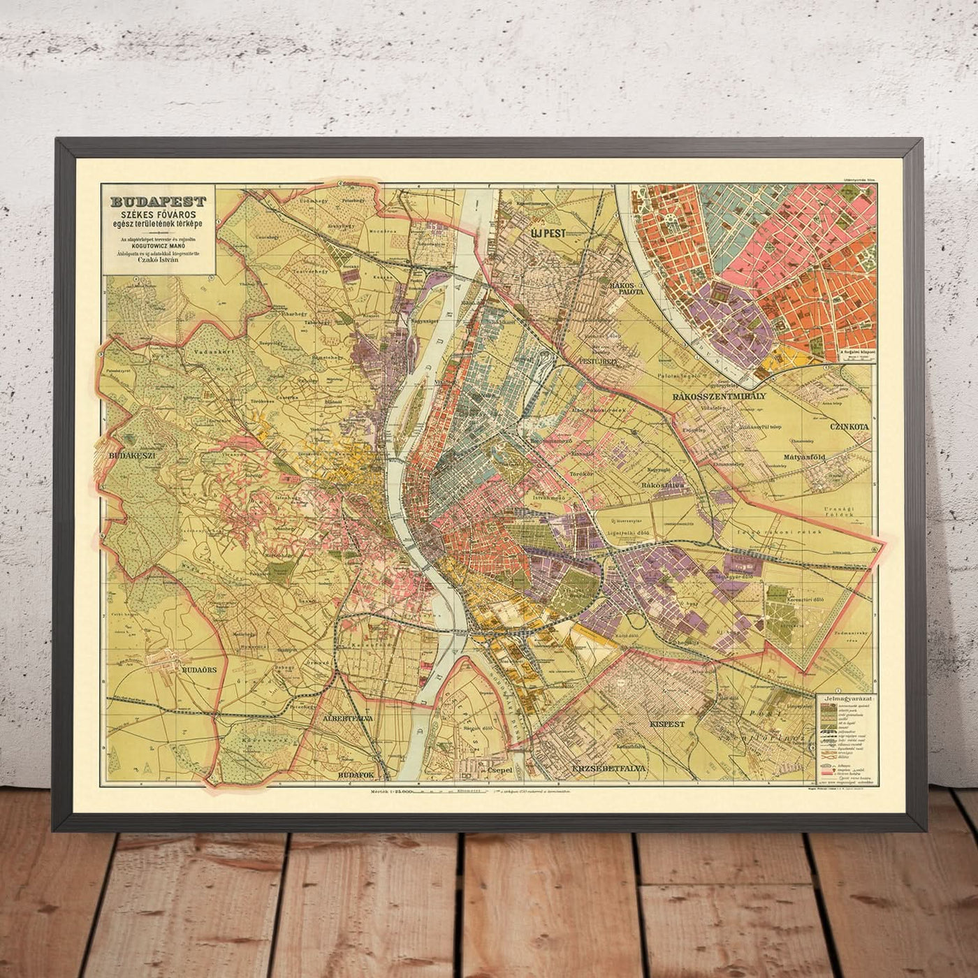 Mapa antiguo de Budapest de Kogutowicz, 1907: Andrássy út, Erzsébet körút, río Danubio, ferrocarriles, parques