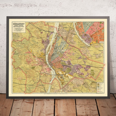 Mapa antiguo de Budapest de Kogutowicz, 1907: Andrássy út, Erzsébet körút, río Danubio, ferrocarriles, parques