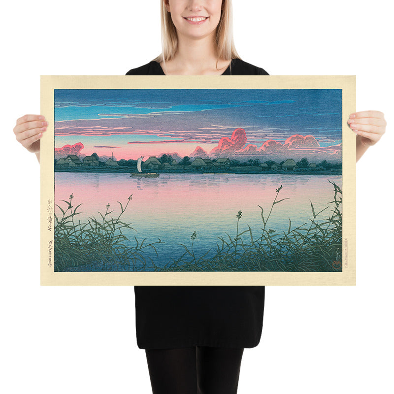 Sonnenuntergang am See und Segelboot von Hasui Kawase, 1935 