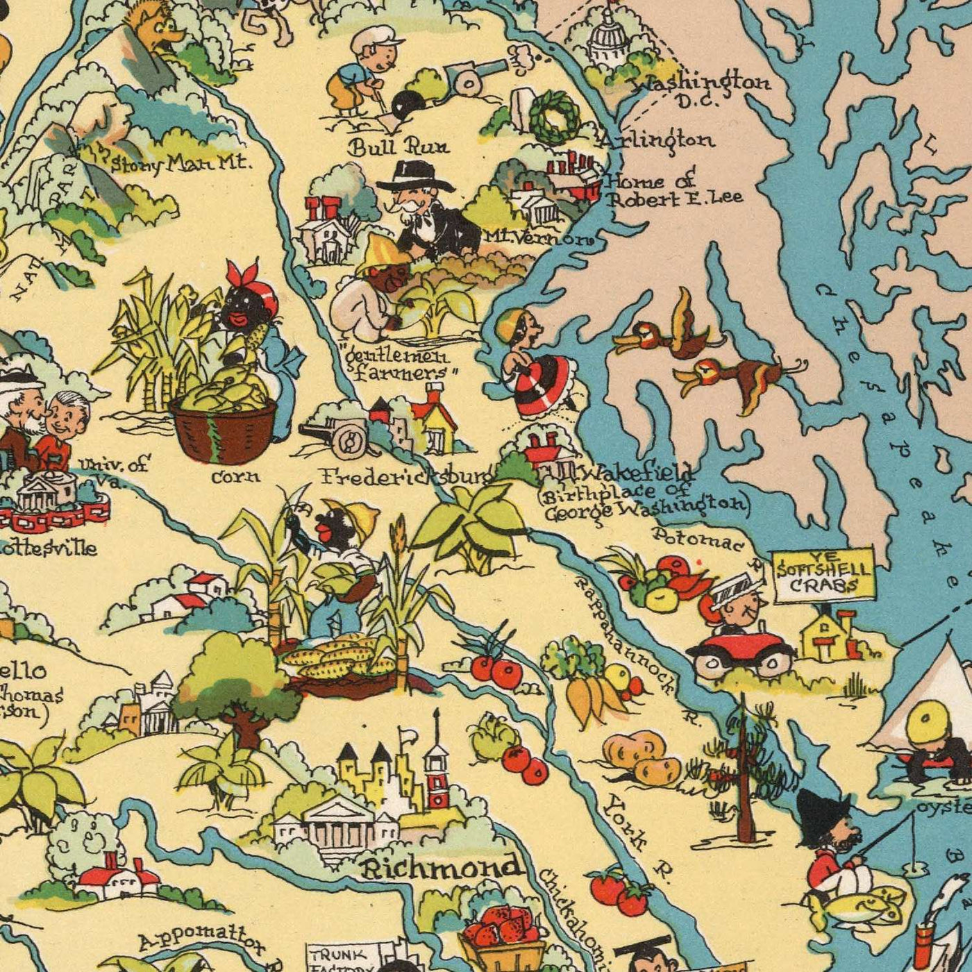 Pictorial Map of Virginia by Ruth Taylor White, 1935: Richmond, Norfolk, Chesapeake Bay, Blue Ridge Mountains, Jamestown