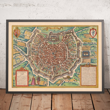 Ancienne carte de Milan par Braun & Hogenberg, 1572 : Cathédrale, Fortifications, Rues, Champs 