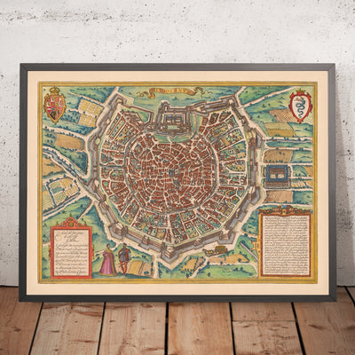 Ancienne carte de Milan par Braun & Hogenberg, 1572 : Cathédrale, Fortifications, Rues, Champs 