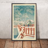 Neve al Ponte Yakumo presso il Santuario Nagata a Kobe di Hasui Kawase 1935 