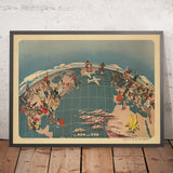 Mappa del mondo delle vecchie American Overseas Airlines, 1947: Unità culturale, ottimismo del dopoguerra, vista dall'alto 