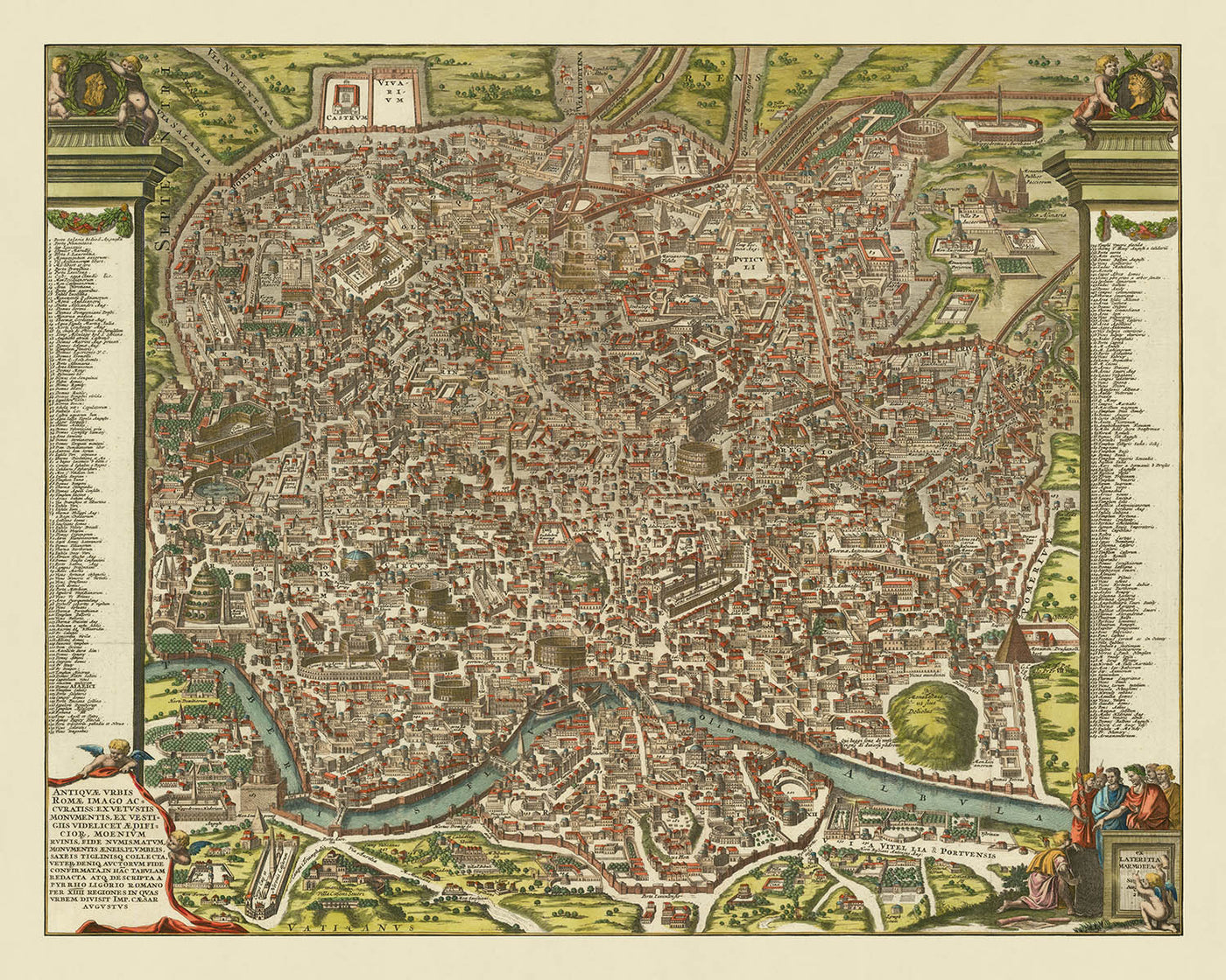 Old Pictorial Map of Ancient Rome, 1696: Tiber River, Colosseum, Circus Maximus, Pantheon, Roman Forum