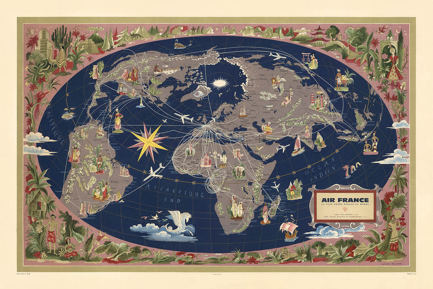 Old Oval Air France World Map by Boucher, 1961