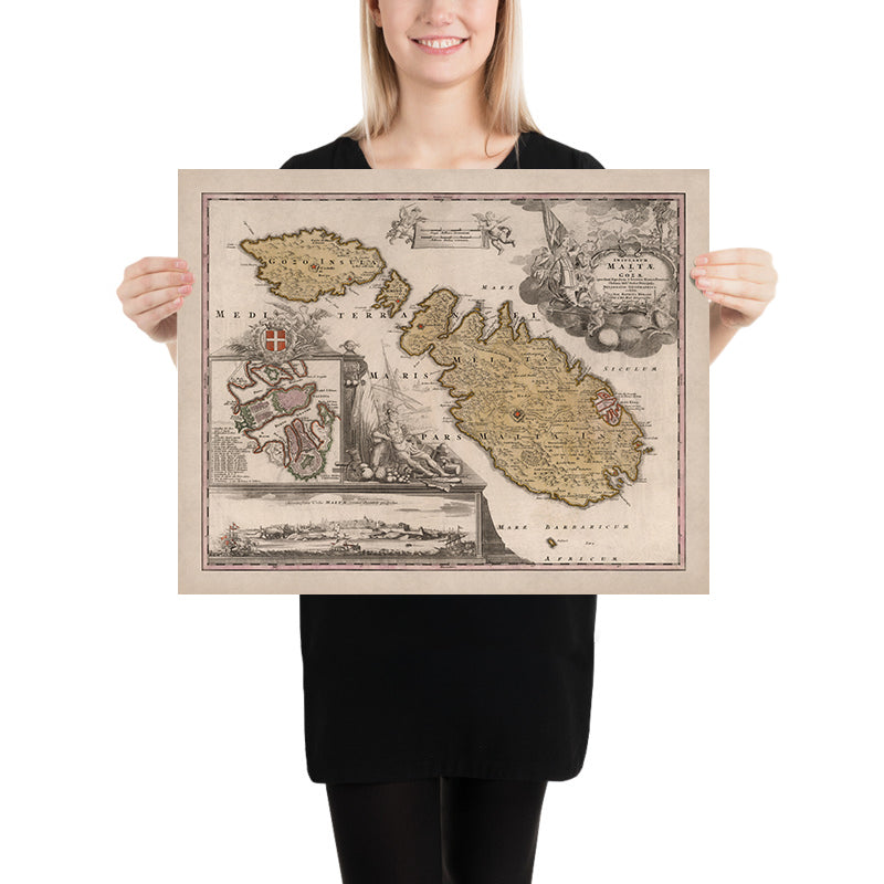 Ancienne carte de Malte par Homann, 1788 : La Valette, Mdina, fortifications, bateaux 