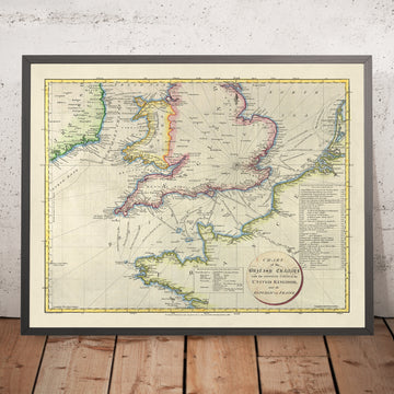Alte nautische Karte des Englischen Kanals von Russell, 1803: Dover-Calais, Portsmouth, Cherbourg, Le Havre, Boulogne 